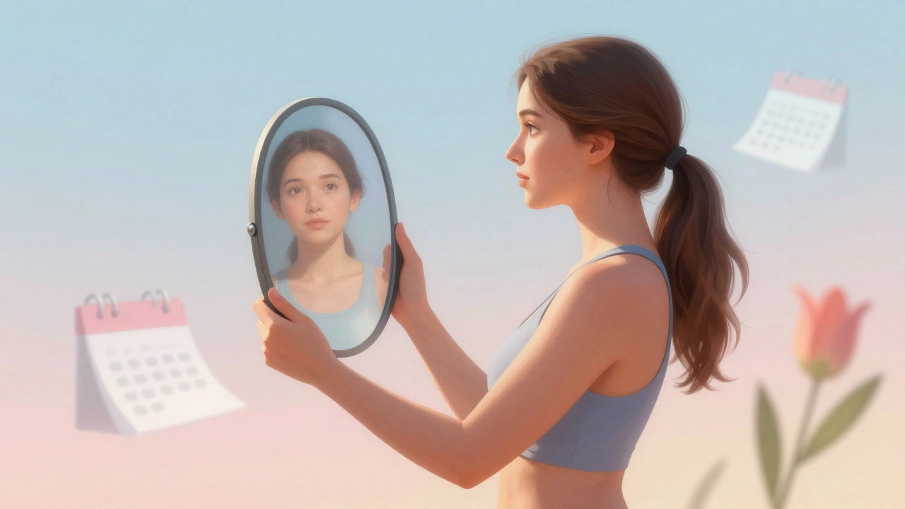 Woman looking in a mirror symbolizing patience and growth