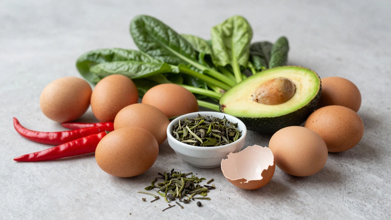 Artistic arrangement of eggs, avocado, chilies, and greens on stone surface.
