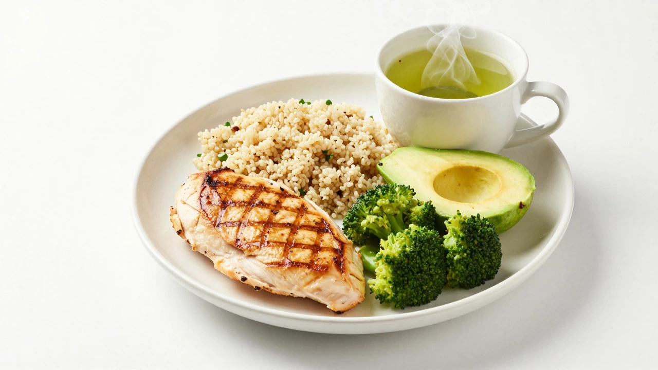 Balanced plate with chicken, quinoa, avocado, broccoli, and green tea.