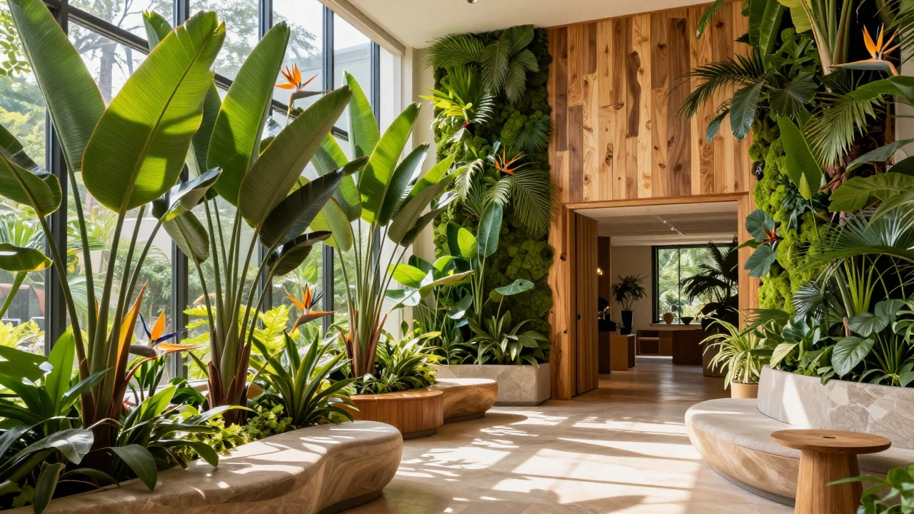 Bright room filled with large plants and curved furniture for biophilic design