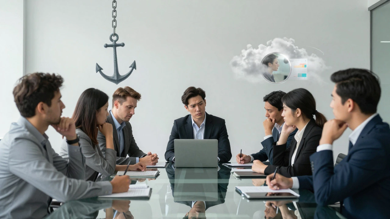 Business leaders in a meeting with floating symbols of cognitive biases like anchors and mirrors