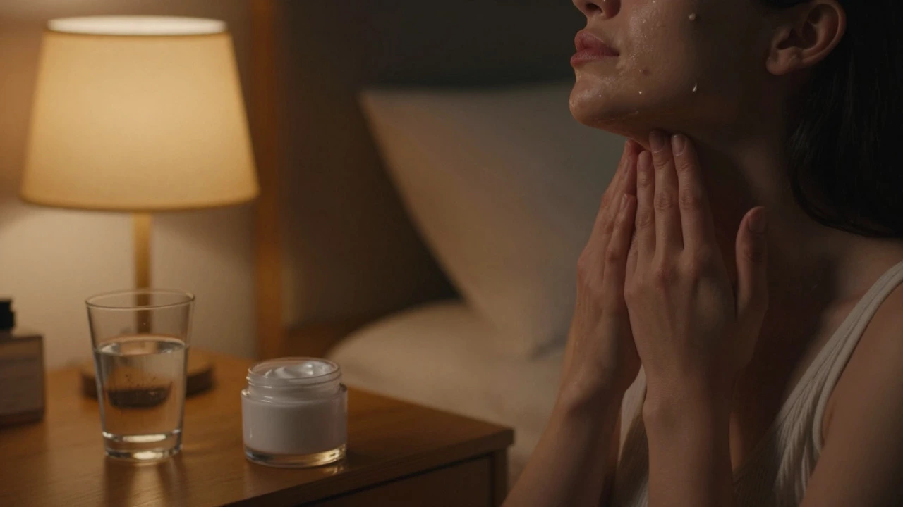Hands applying night cream to face and neck in a warm, dimly lit room