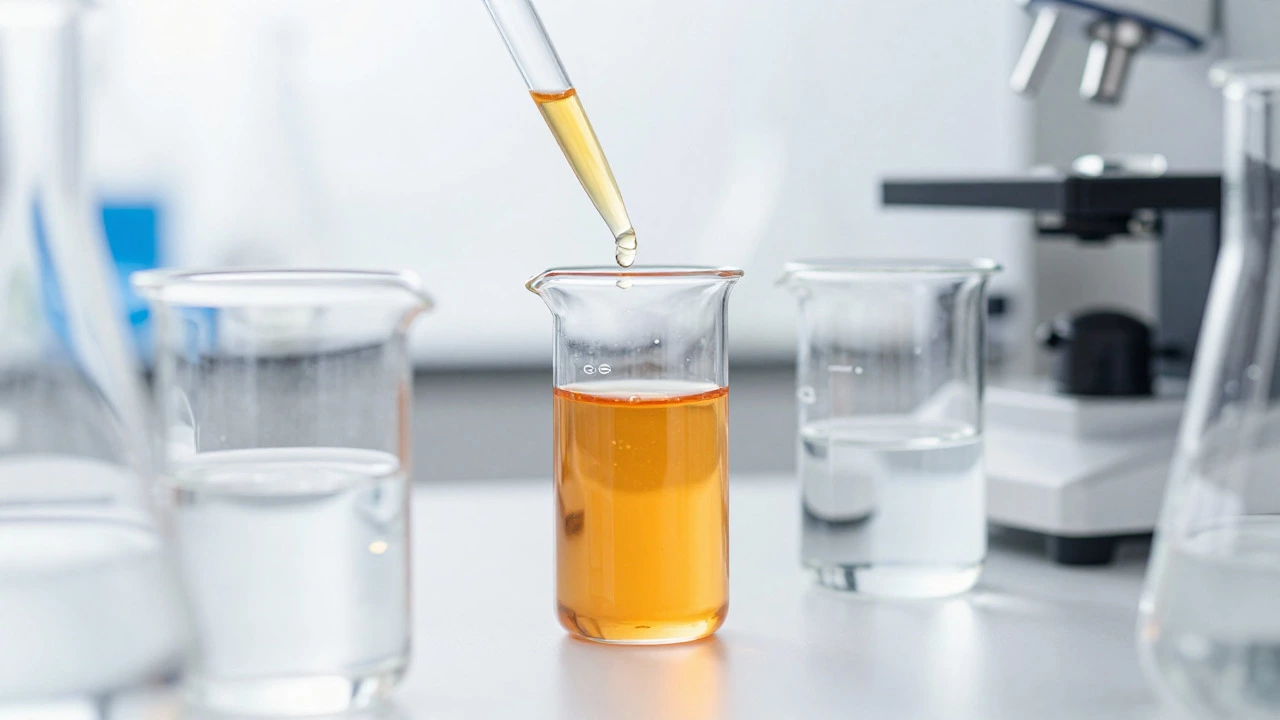 Laboratory beakers with skincare serums and tools