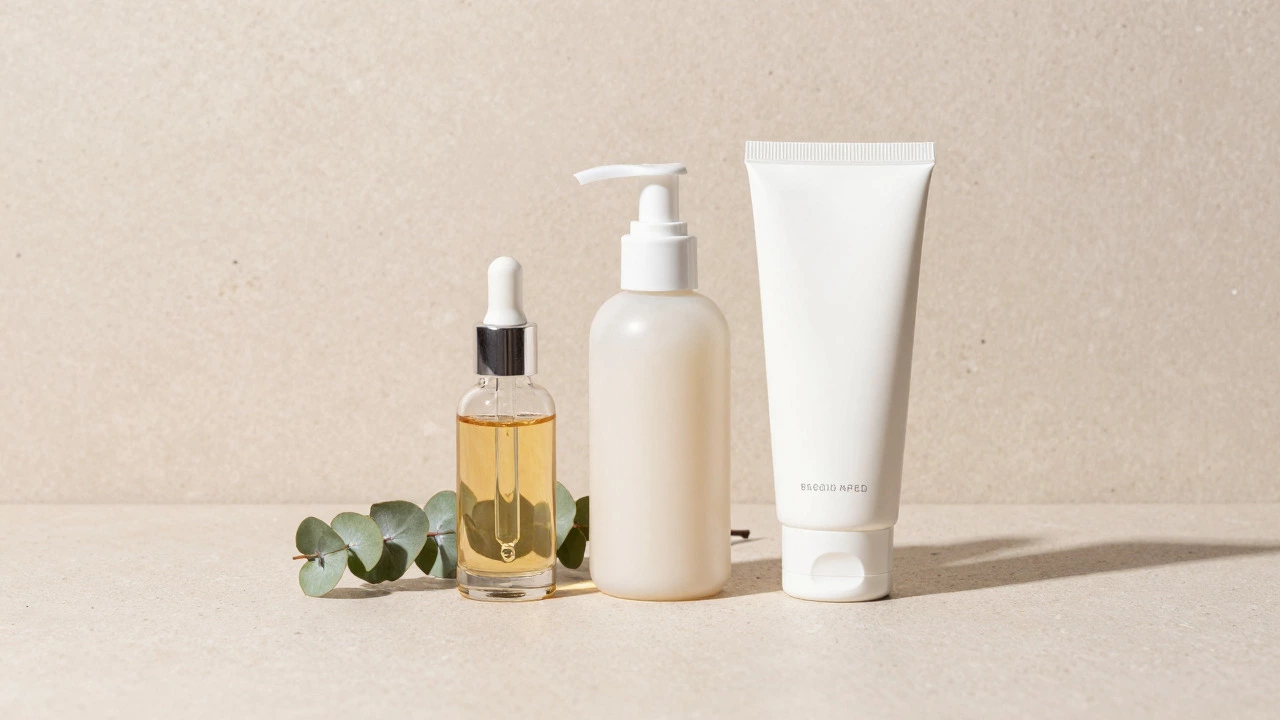 Minimalist arrangement of serum, moisturizer, and sunscreen on a stone surface