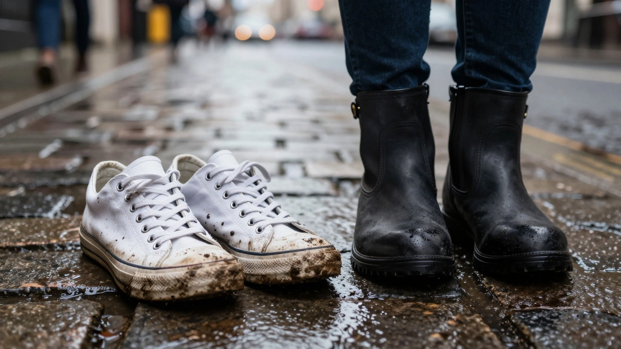 Muddy white sneakers vs clean leather boots on wet London cobblestones