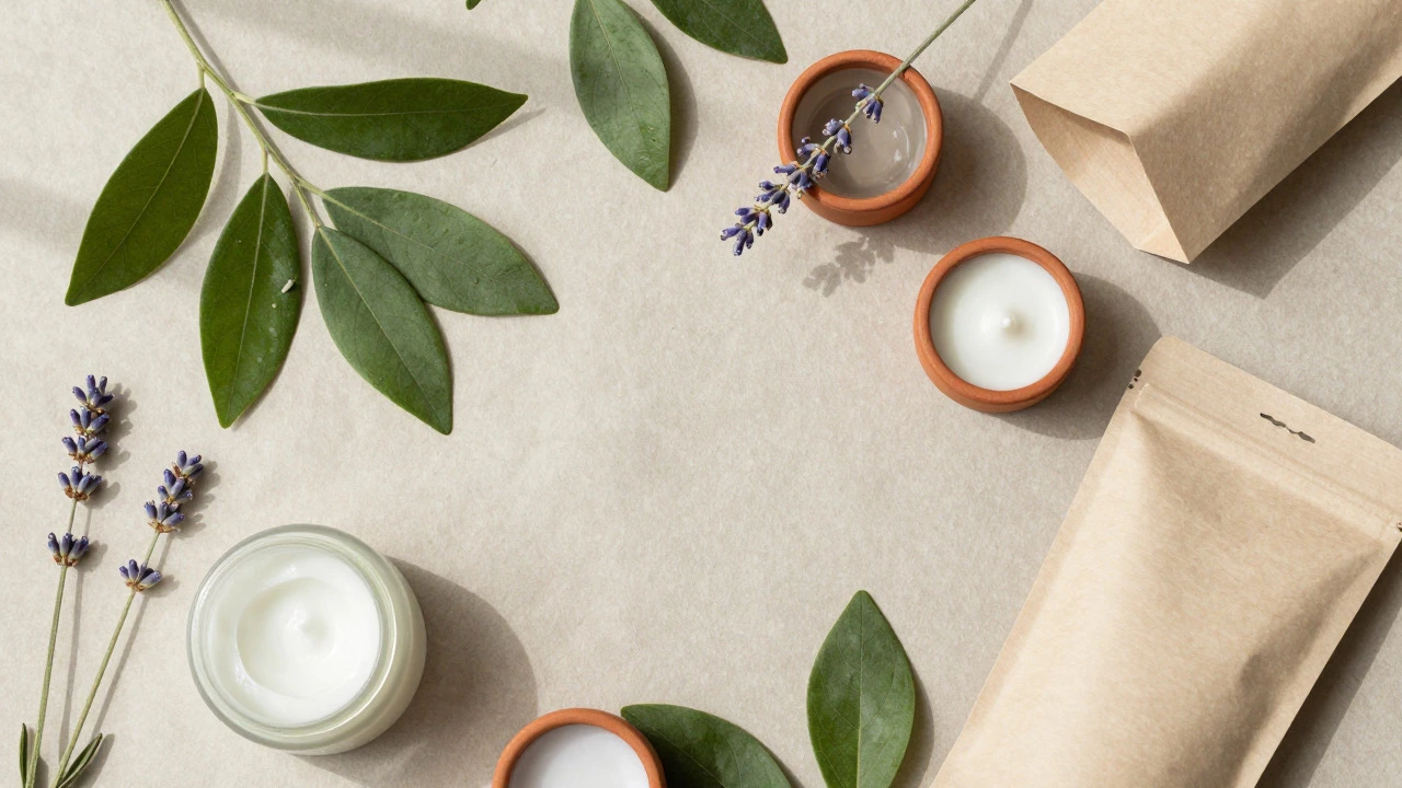 Natural skincare products with fresh herbs on paper