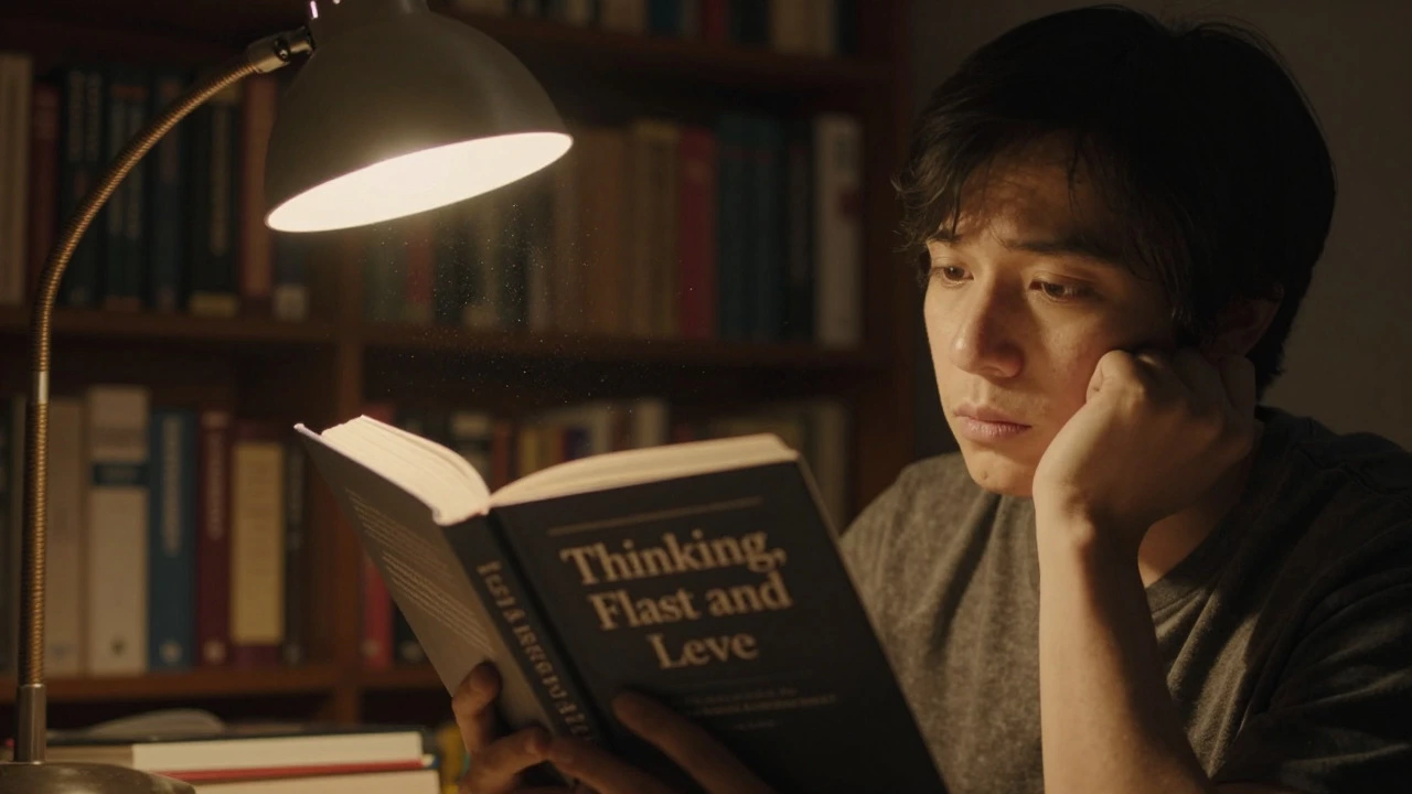 Person reading Thinking Fast and Slow by desk lamp with expression of deep realization