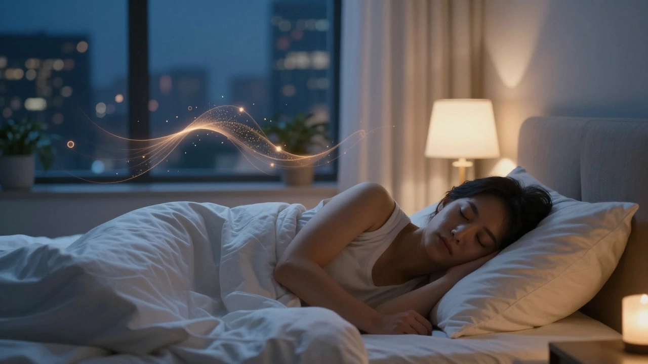 Person sleeping peacefully with abstract visuals of cellular repair