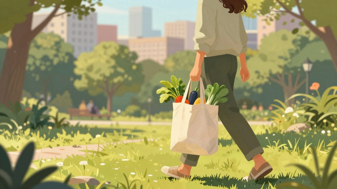 Person walking in a sunny park with groceries, symbolizing healthy living