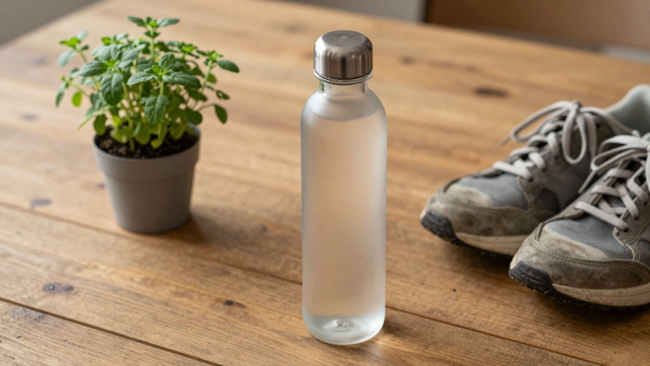Reusable bottle, durable shoes, and herbs on a wooden table