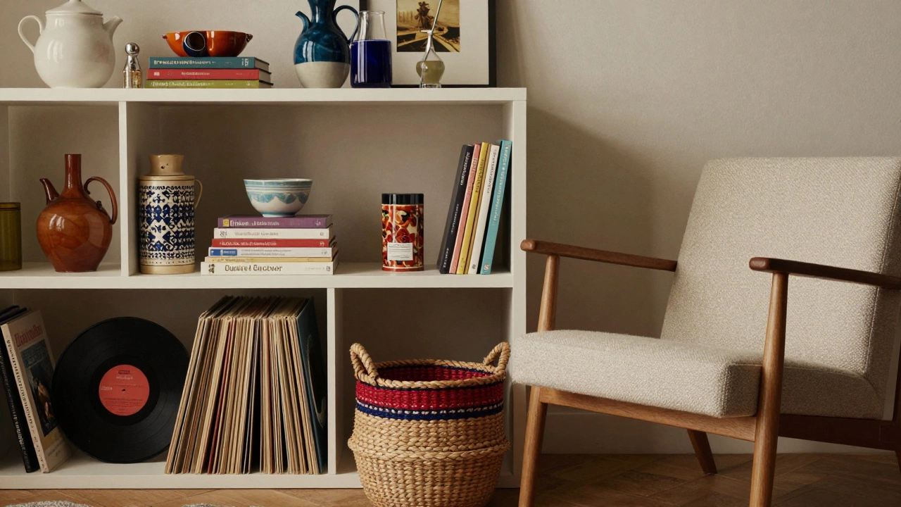 Shelves displaying vintage items and upcycled furniture in a curated clutter style