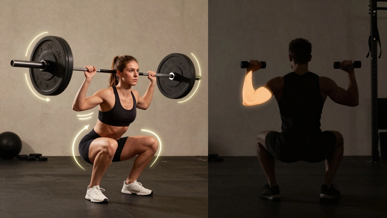 Split view comparing full-body compound lifts vs single-muscle curls