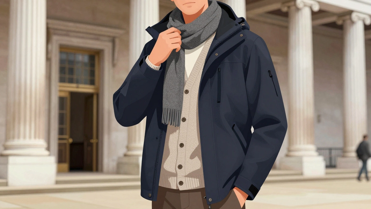 Traveler wearing layered smart casual outfit outside British Museum
