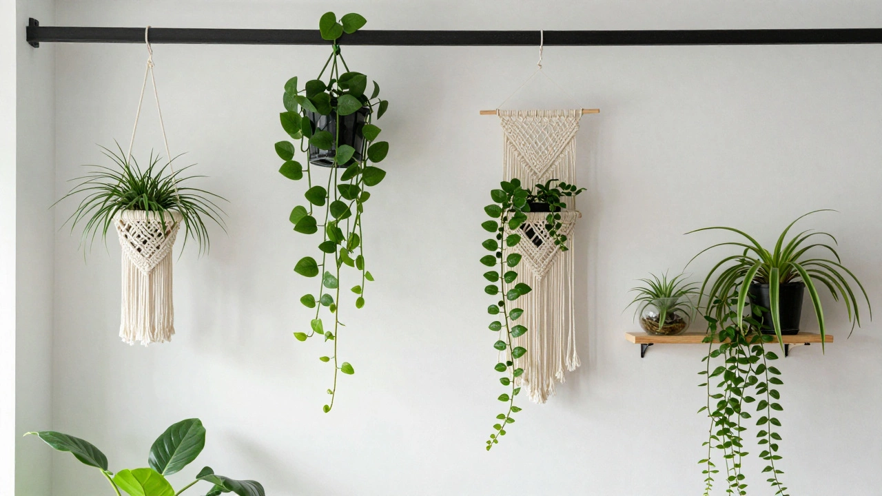 Vertical garden with hanging ivy and wall-mounted air plants