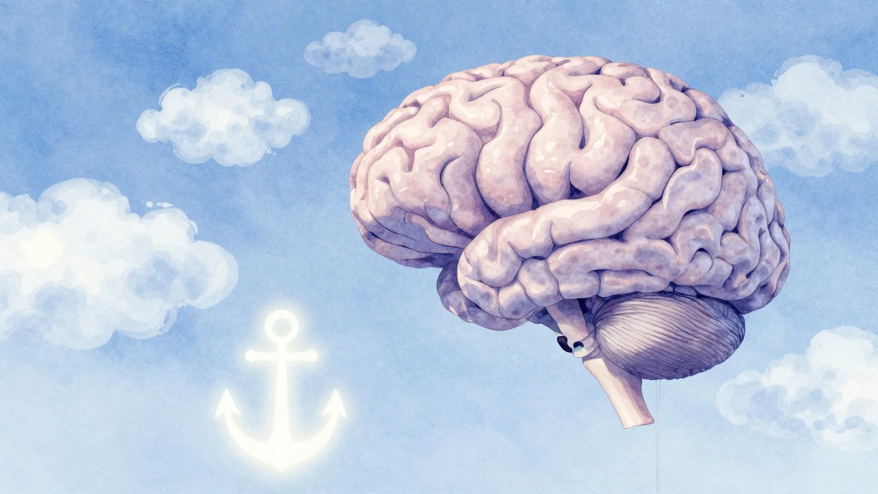 Abstract illustration of thoughts as clouds passing over a clear sky