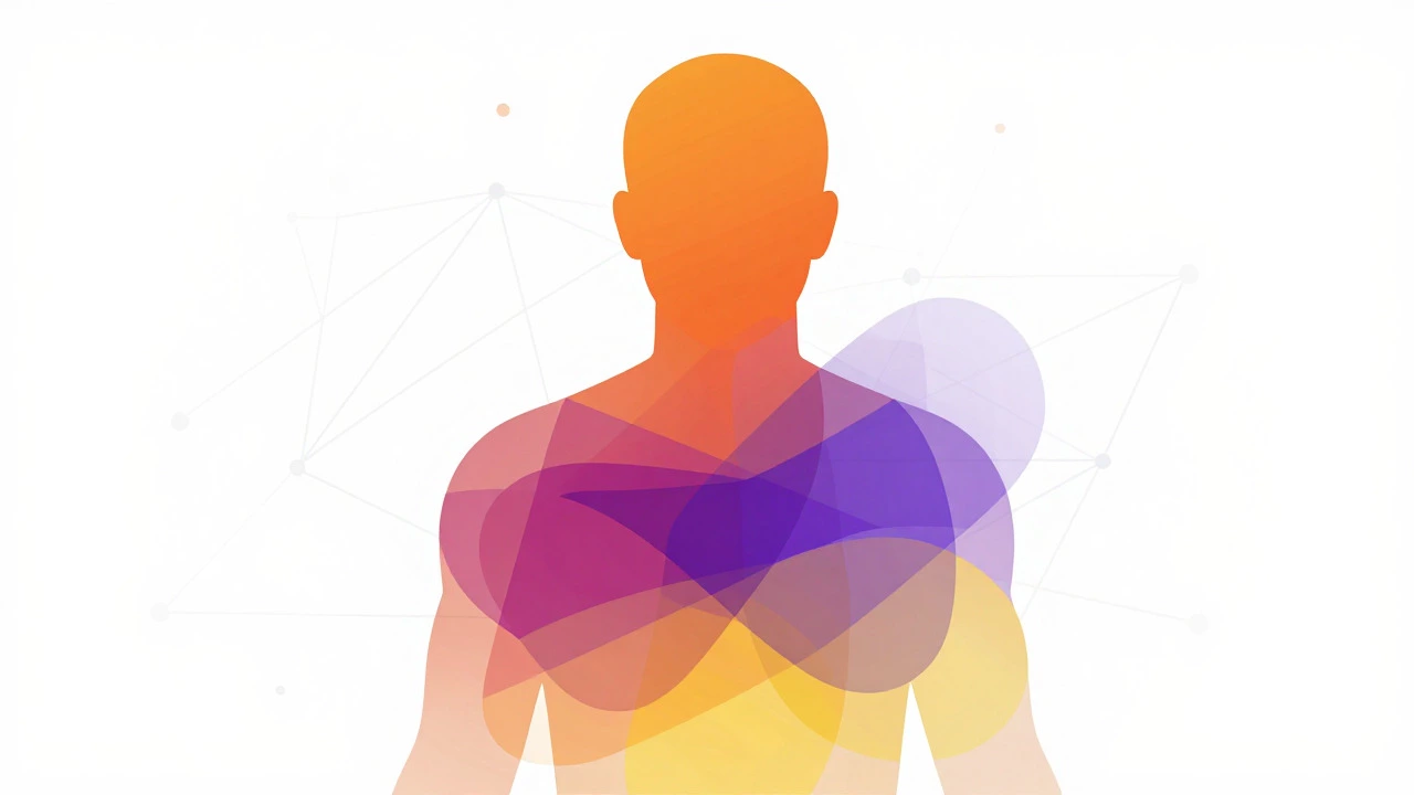 Abstract layers of colored shapes representing overlapping mental health symptoms