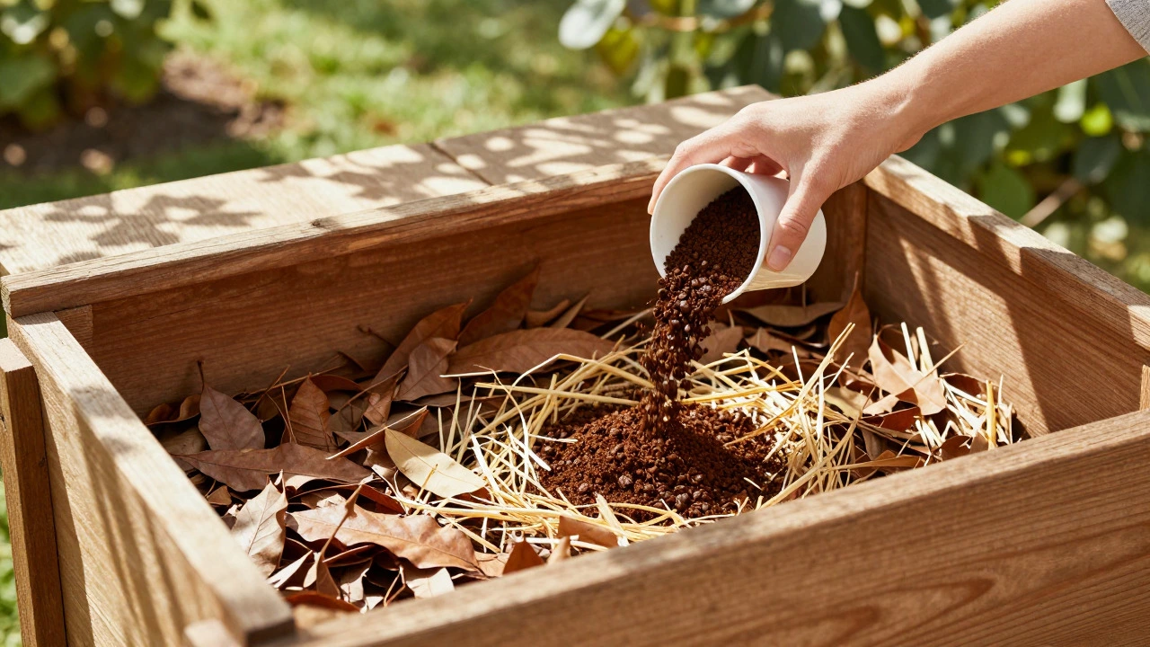 Adding coffee grounds to compost bin with leaves