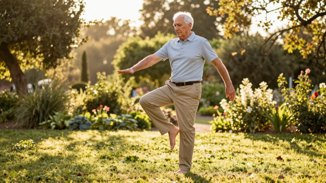 An older man balancing on one leg barefoot in a sunny park garden
