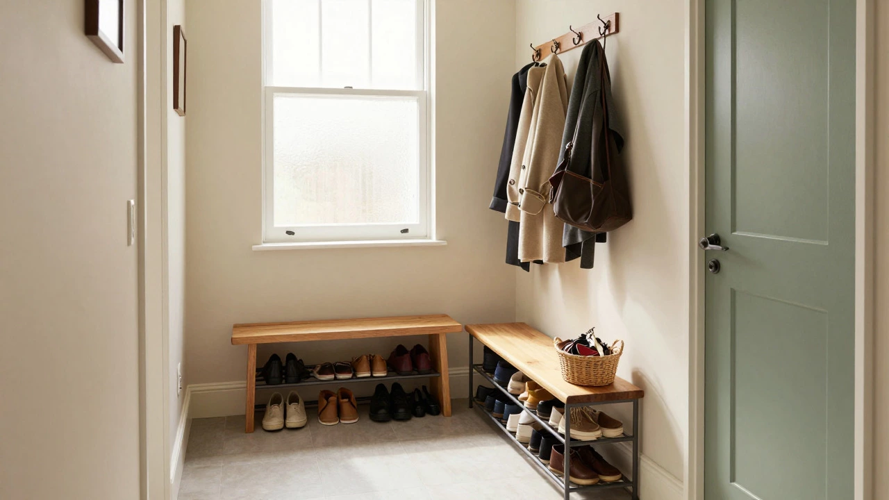 An organized entryway with a bench, shoe rack, and hooks