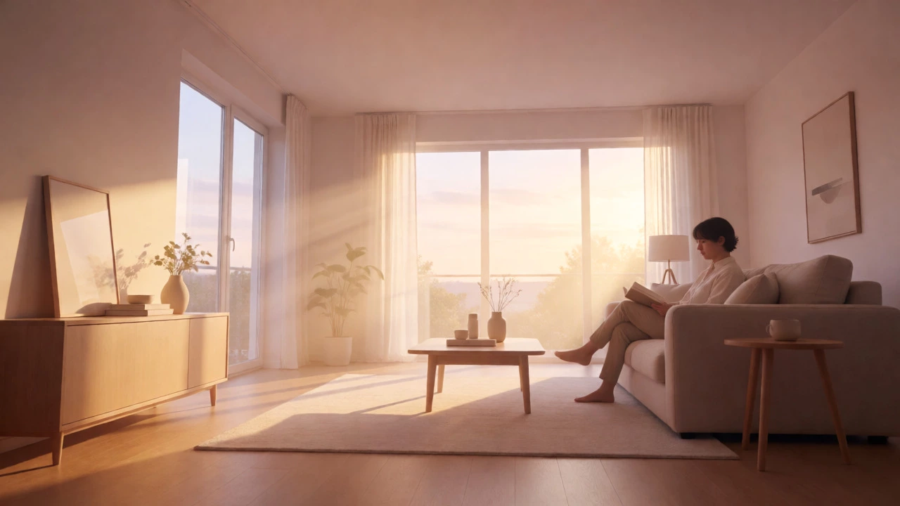 Calm person relaxing in a clean, minimalist living room after decluttering.