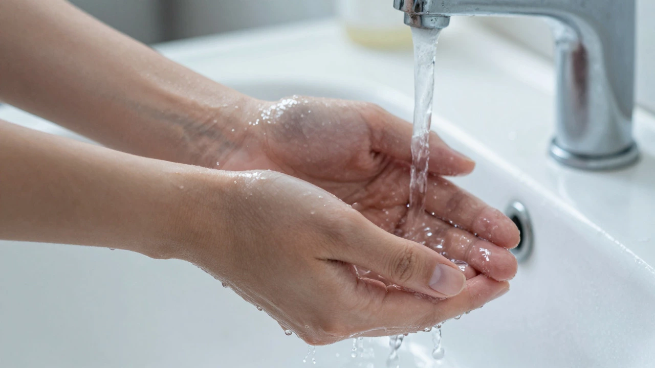 Close-up of hands washing under running water in a sink