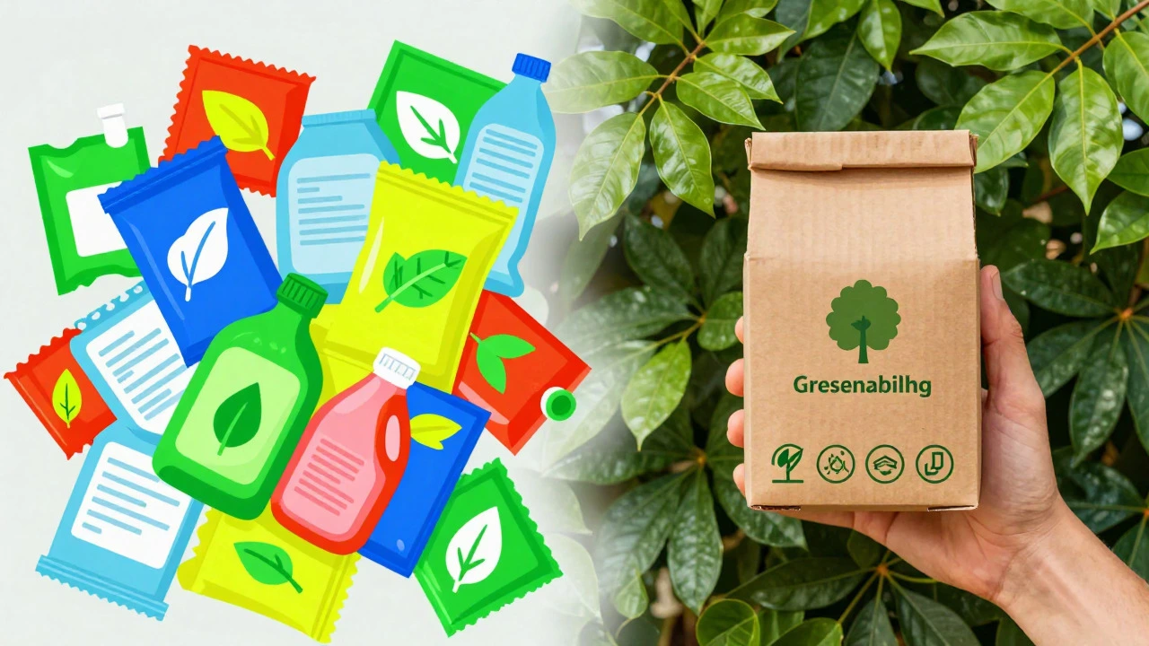 Conceptual art contrasting confusing plastic packaging with clear, certified sustainable products