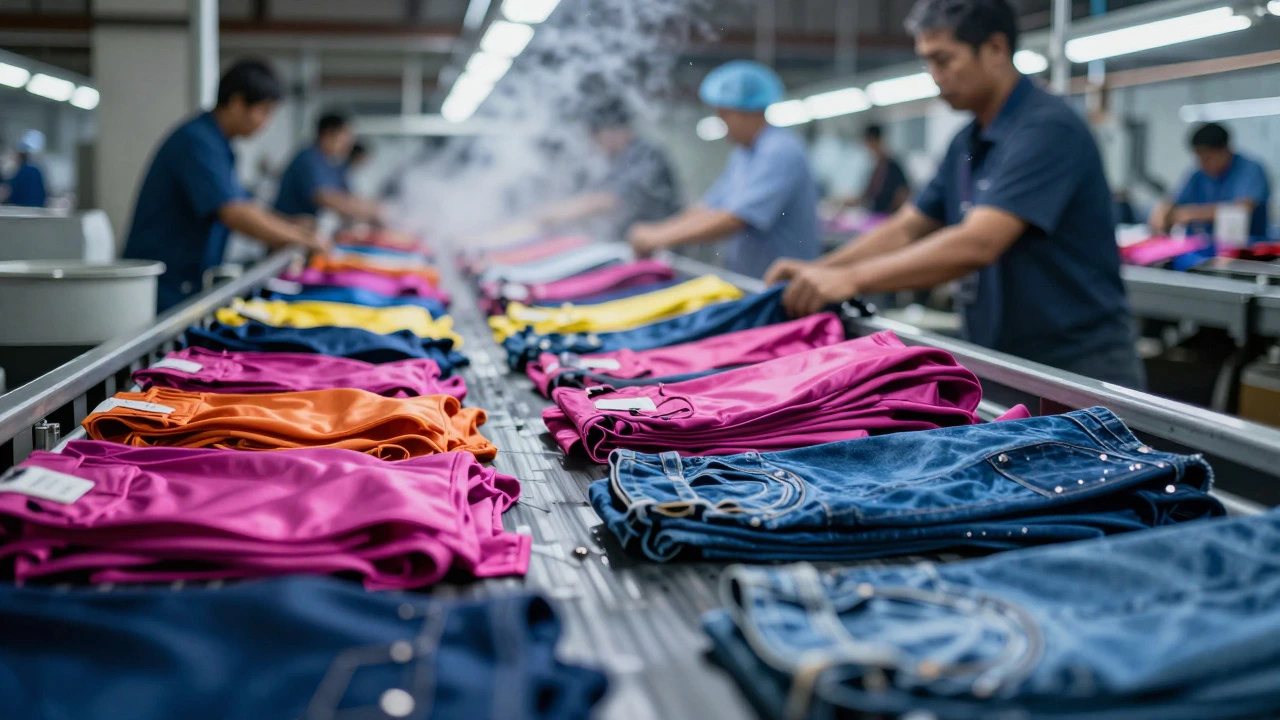 Conveyor belt carrying synthetic fast fashion garments in an industrial setting