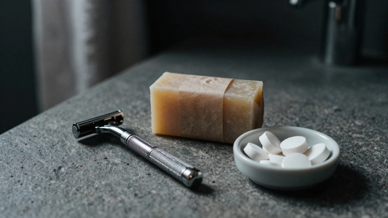 Eco-friendly bathroom essentials like a shampoo bar, toothpaste tablets, and steel razor on stone
