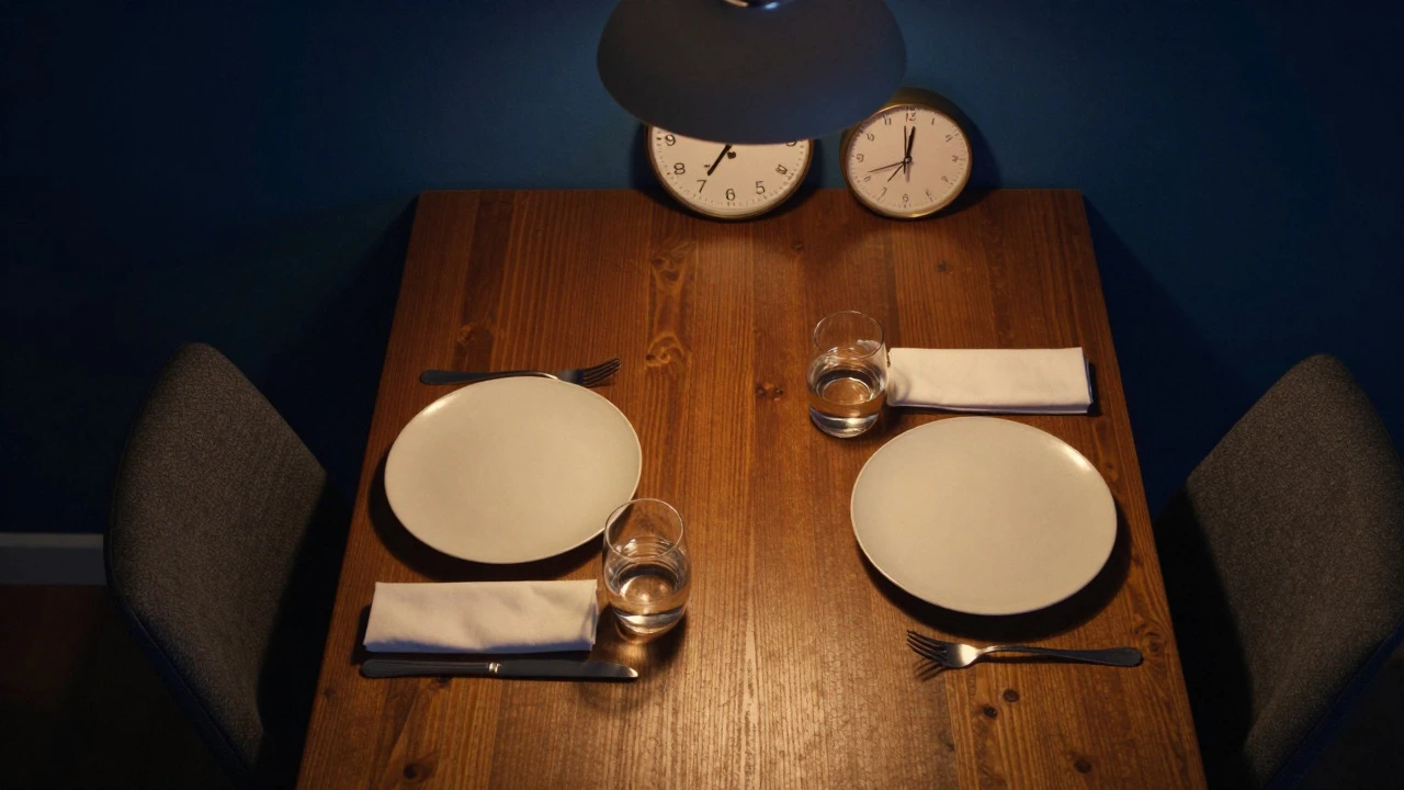 Empty dinner plate and glass of water on a table at 7 PM