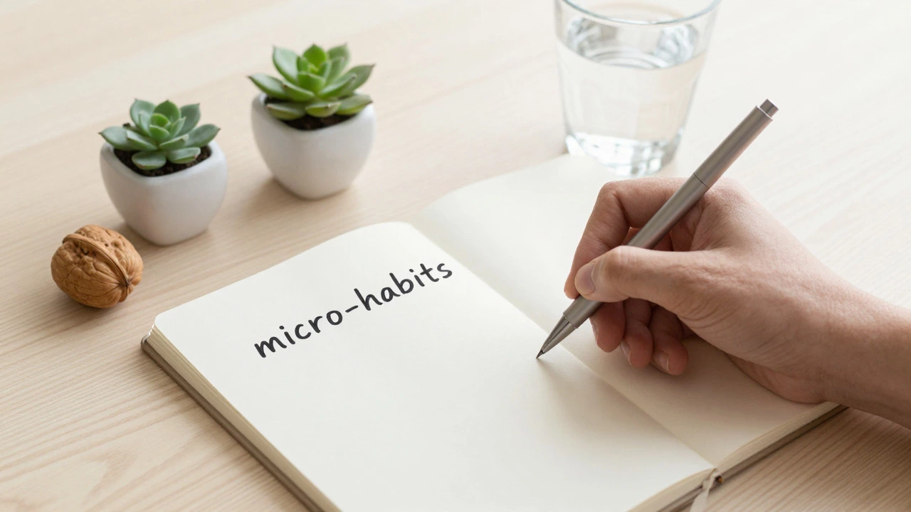 Hand writing in a journal with healthy snacks nearby