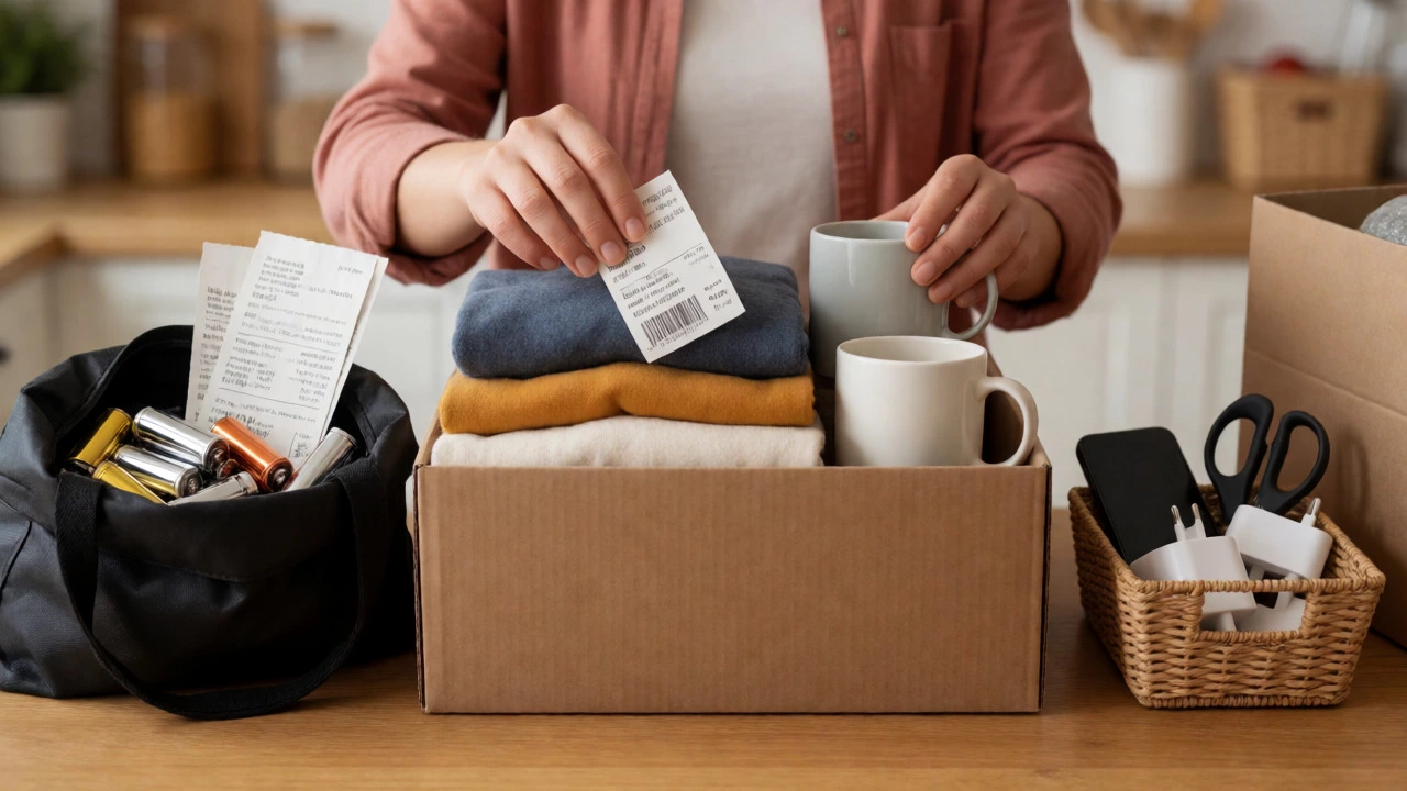 Hands sorting items into discard, donate, and return categories on a counter.