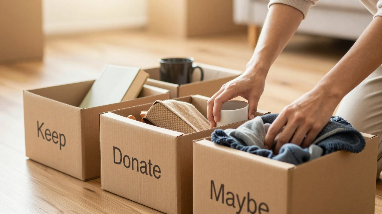Hands sorting items into labeled boxes for decluttering a home