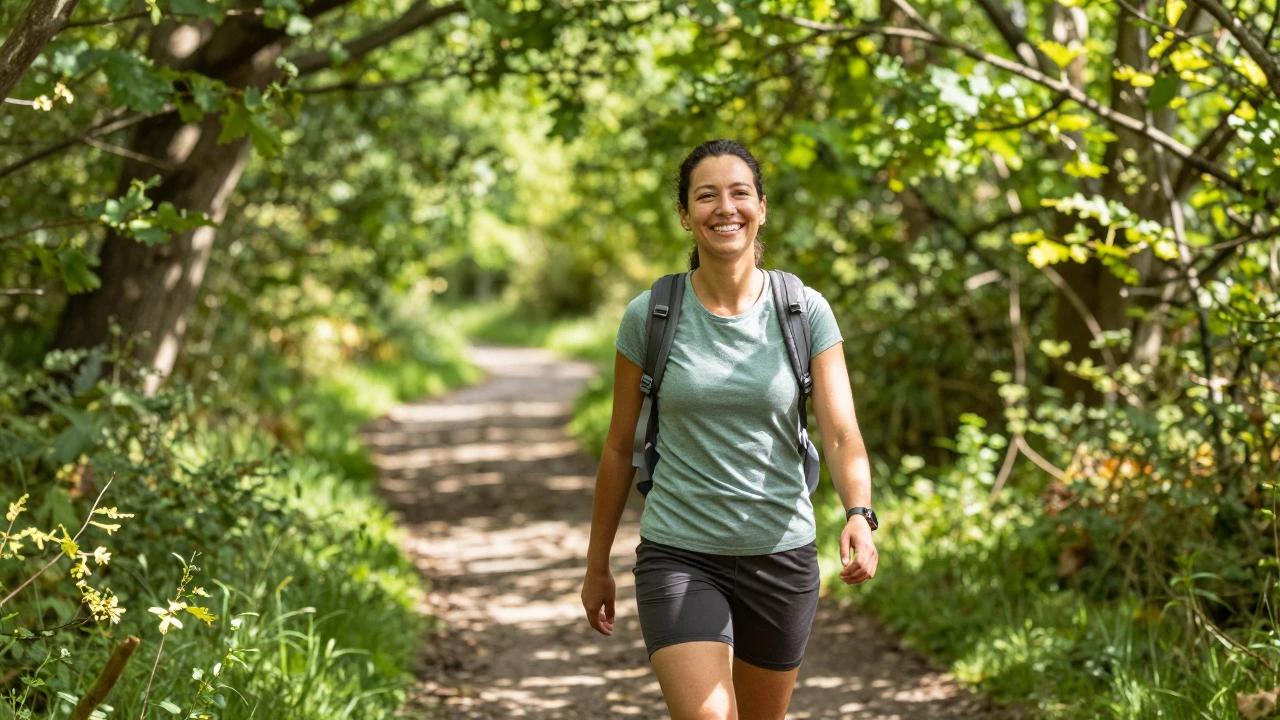 Happy person hiking on a sunny forest trail in nature