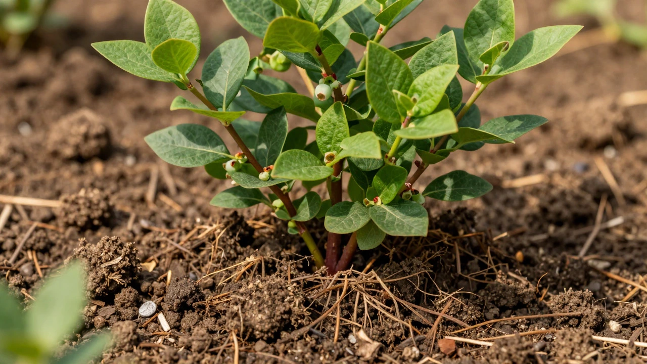 Healthy blueberry bush growing in amended soil
