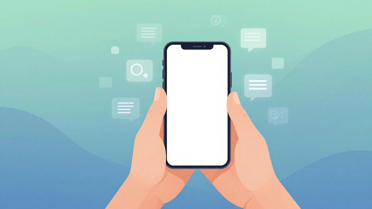Illustration of hands holding a phone with fading digital clutter