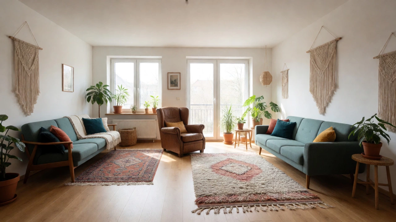 Living room blending Scandinavian and Bohemian decor styles