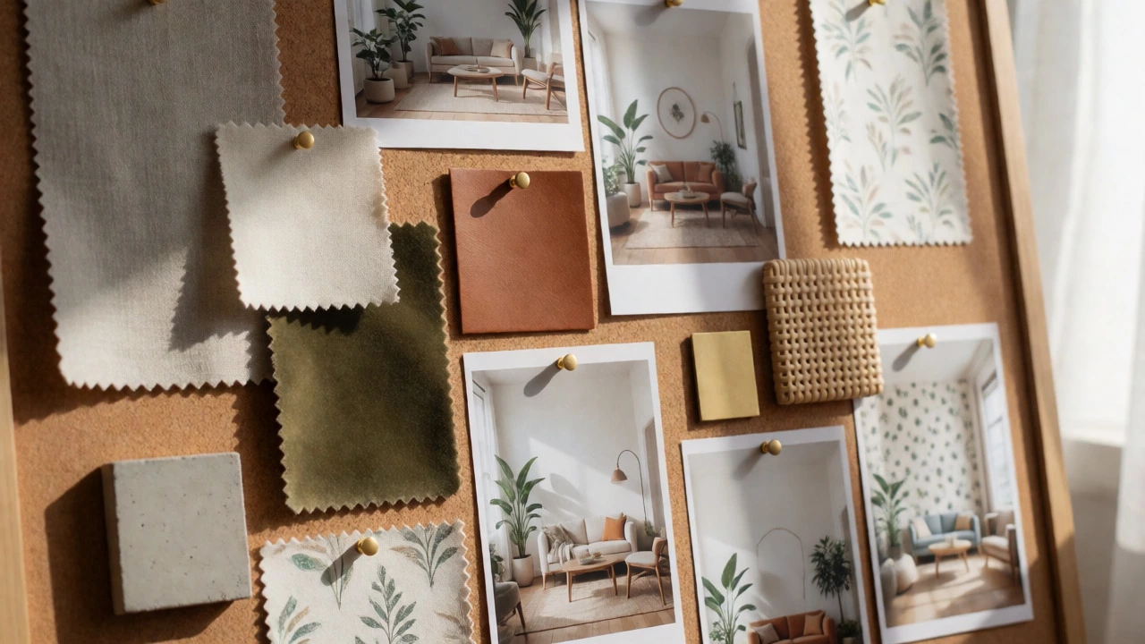 Mood board with fabric swatches and interior design inspiration photos