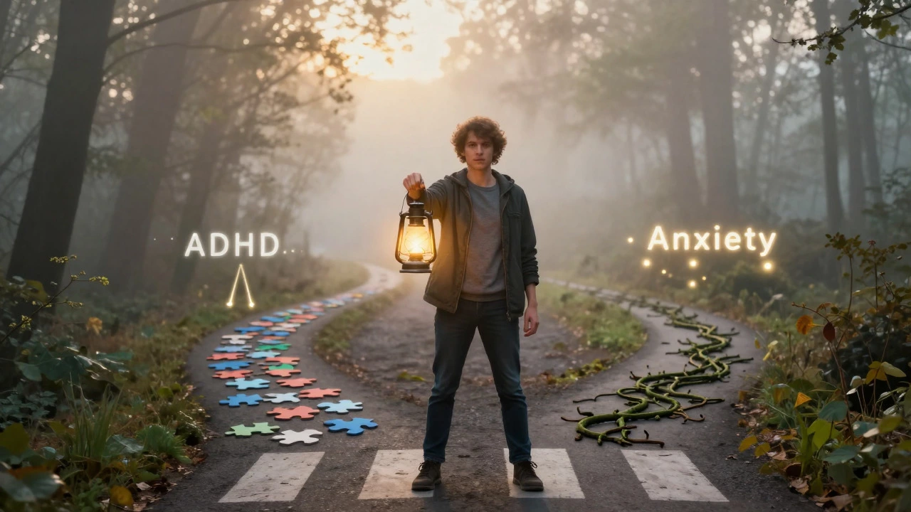 Person holding a lantern at a crossroads, choosing a path through a misty forest
