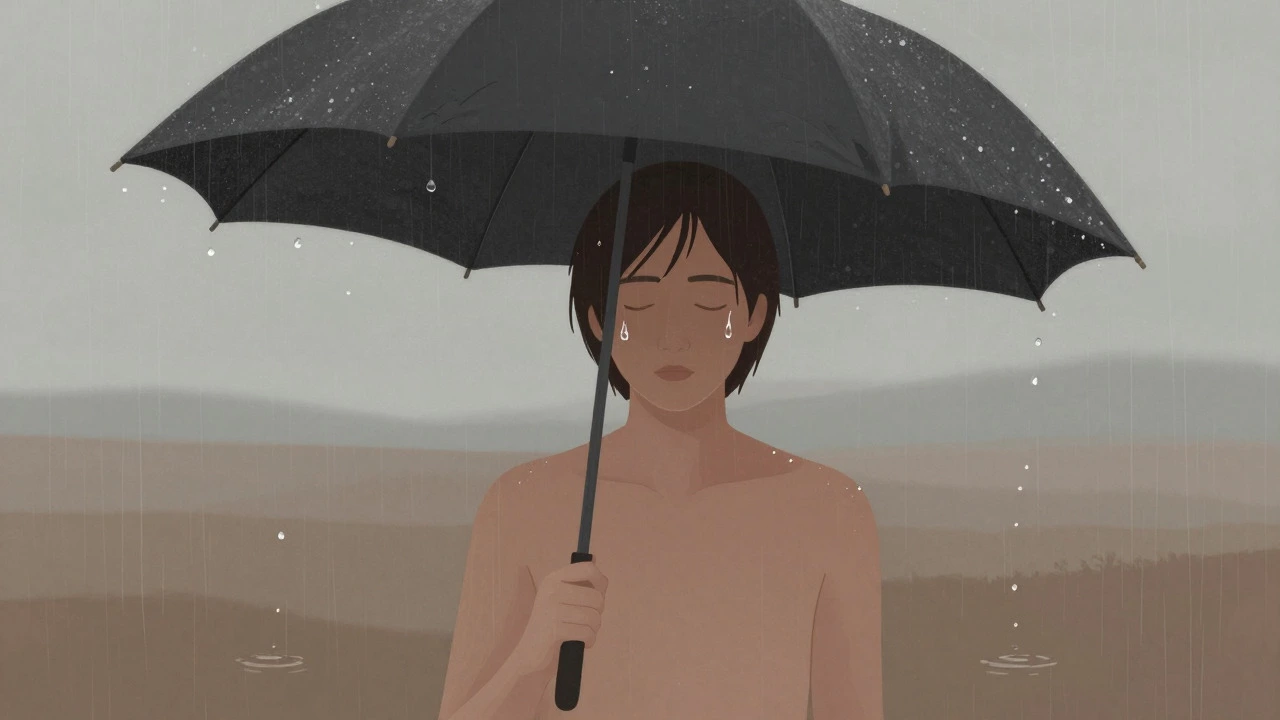 Person standing in the rain with eyes closed, accepting the weather