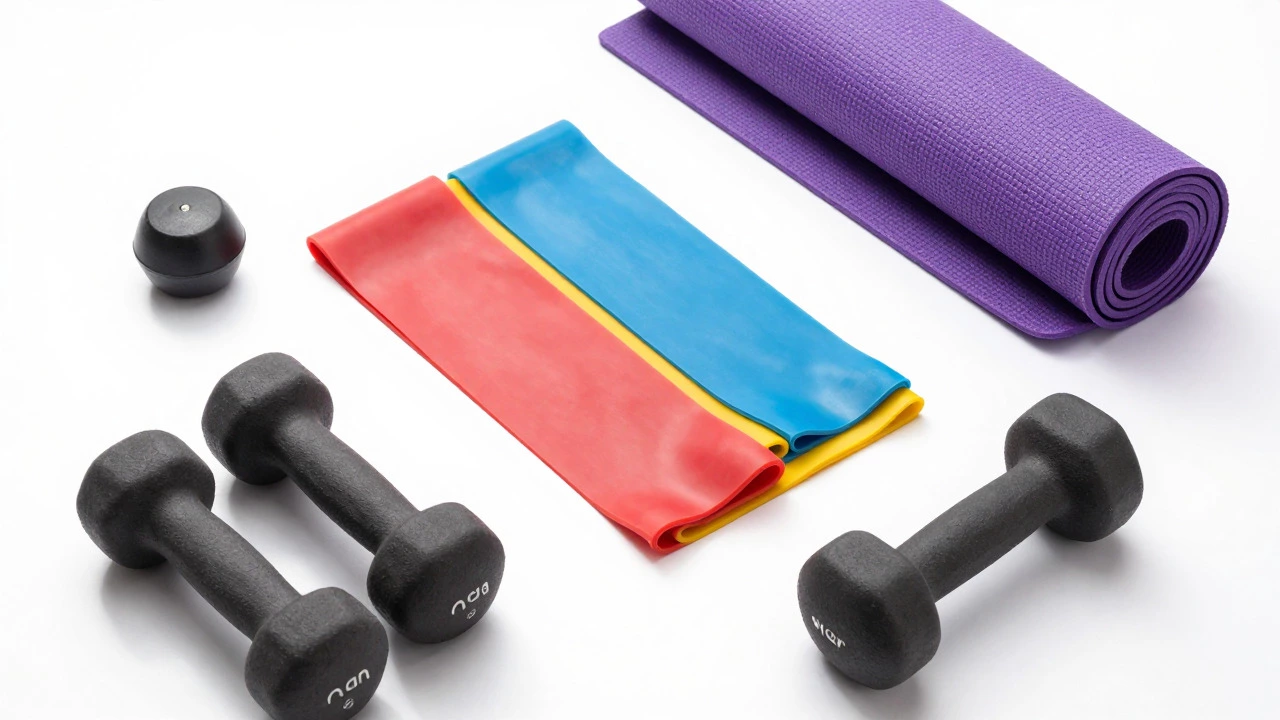 Resistance bands, light dumbbells, and a yoga mat arranged neatly on a white surface