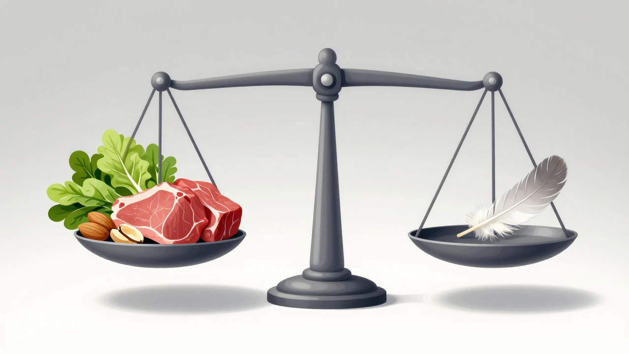 Scale balancing healthy whole foods against a feather