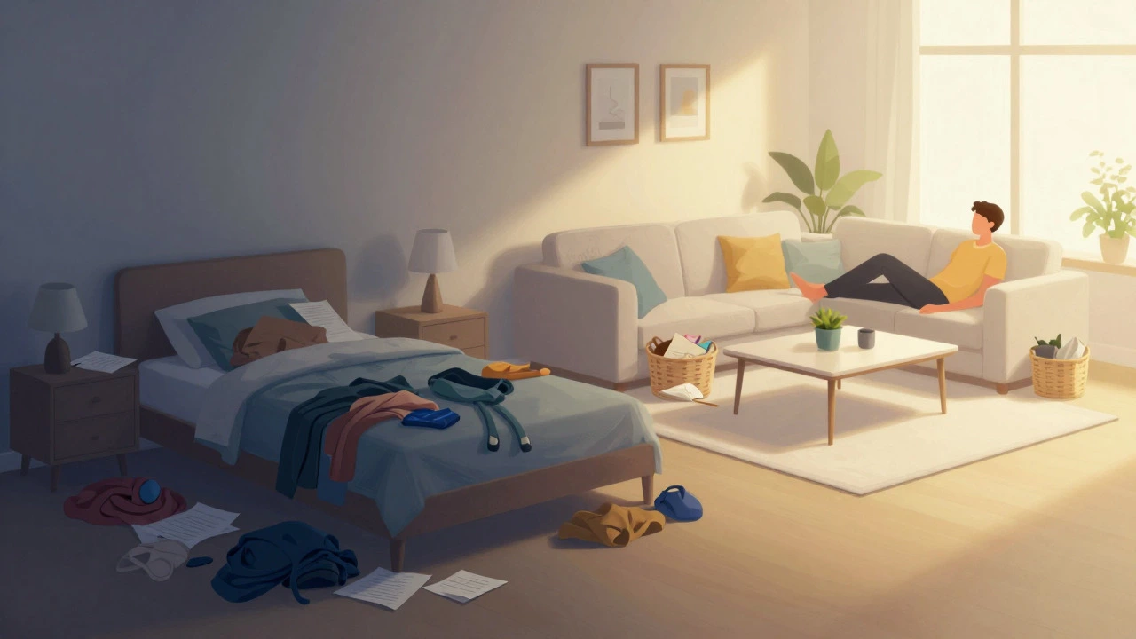 Split image comparing a messy bedroom to a calm, organized living room