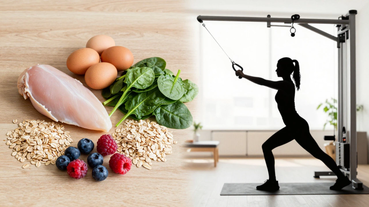 Split image showing healthy food and home workout routine