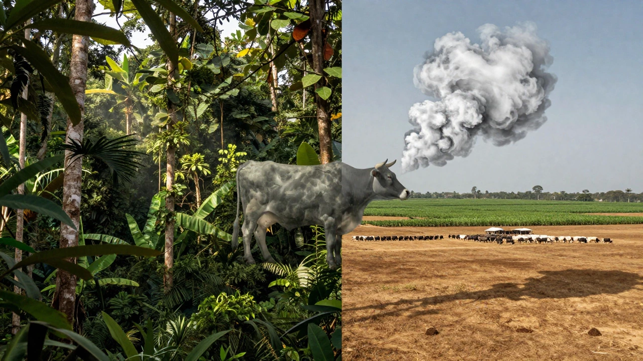 Split view comparing rainforest and cattle pasture with methane emission graphic