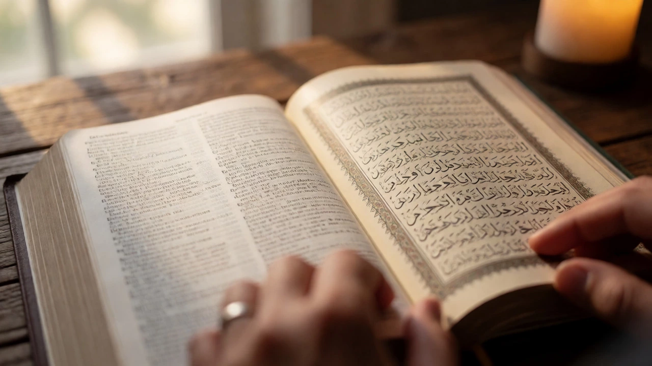 Close-up of open Bible and Quran pages side-by-side on a wooden table, showing detailed text and lighting.