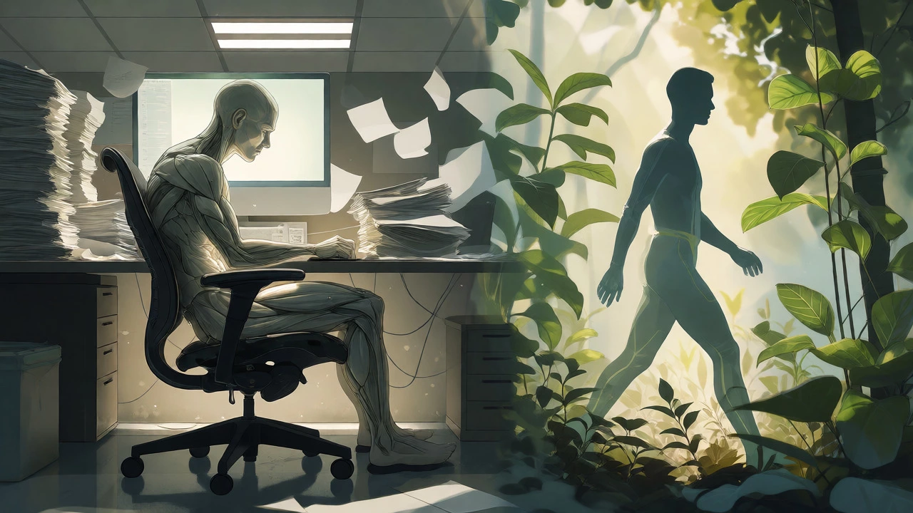 Conceptual split view comparing sedentary office work with active outdoor well-being.
