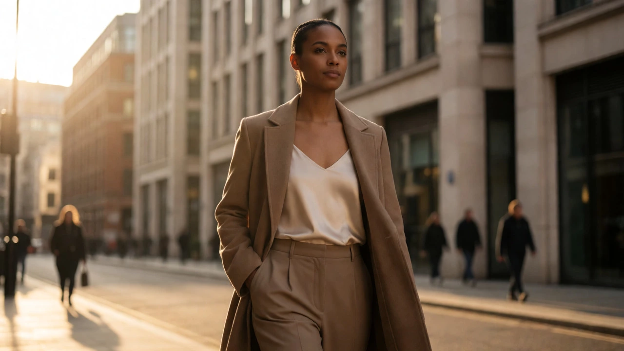 Confident individual in a stylish uniform walking down a city street