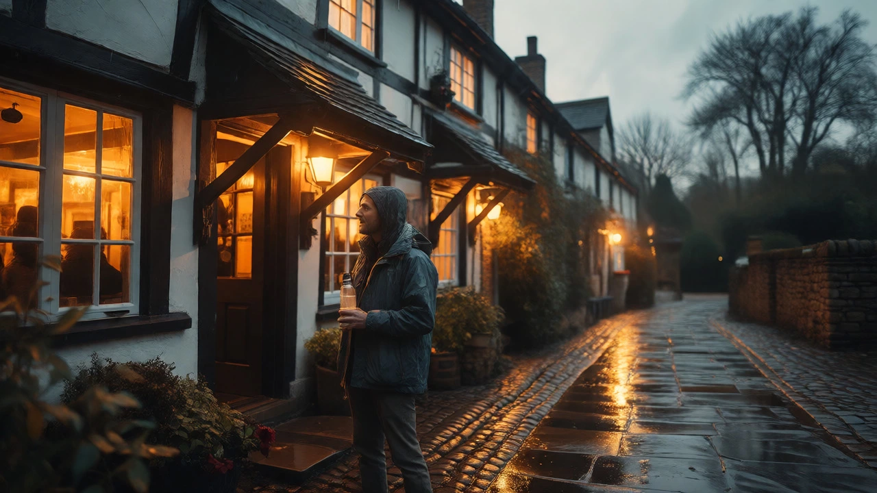 Cozy English pub exterior on wet cobblestones at dusk