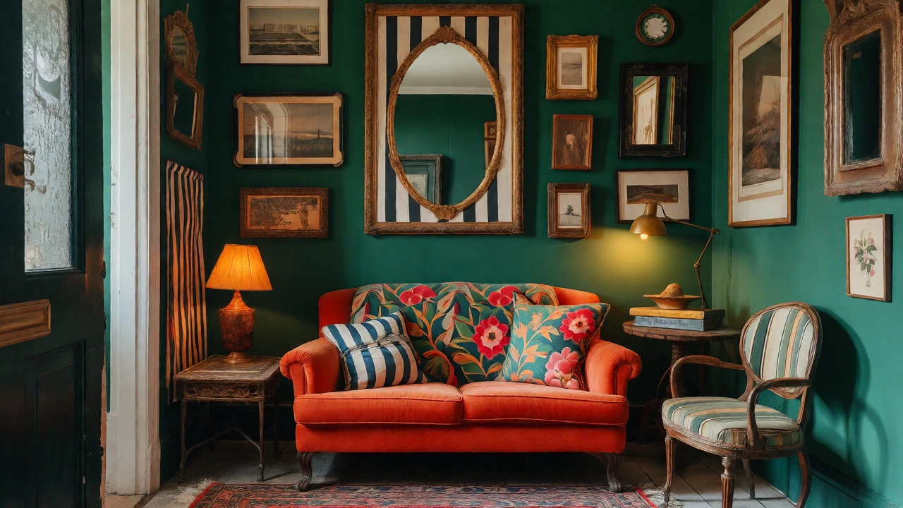 Eclectic maximalist entryway with emerald walls, bold patterned velvet sofa, and curated vintage accessories.