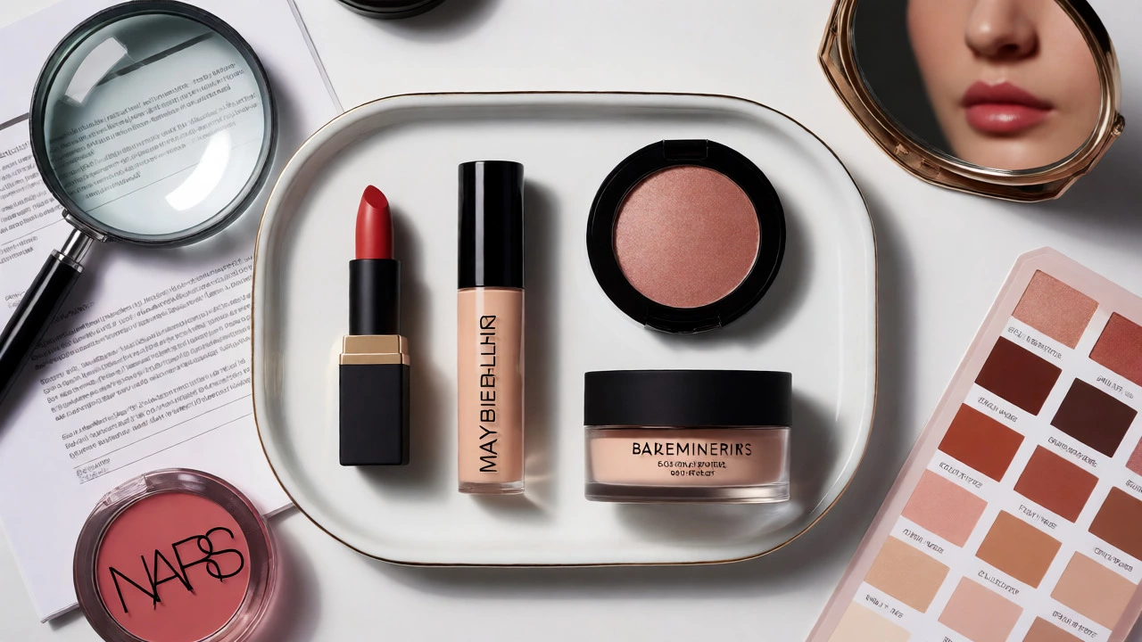 Flat lay of mixed makeup brands including lipstick, concealer, and palette.